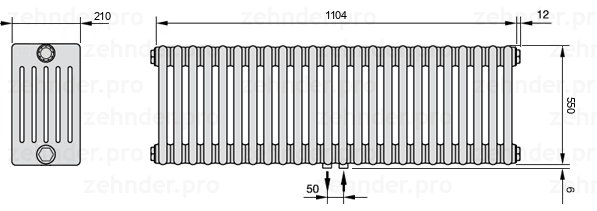 Схема (чертеж) Радиатор Zehnder Charleston 6055/24 №5410 Белый глянцевый RAL 9016